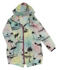 Mátovo-růžovo-žlutá šusťáková parka s palmami a kapucí Next