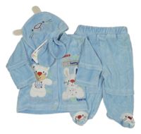 Nové - 3 set - modré sametové polodpuky + propínací triko s medvědem + čepice s čumákem + rukavice 