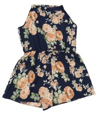 Tmavomodro-růžový květovaný kraťasový overal Shein