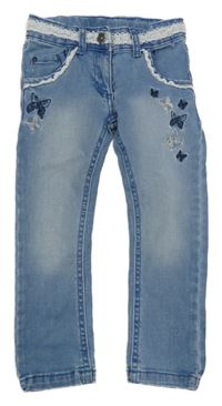 Světlemodro-bílé teplákové skinny rifle s krajkou a motýlky Topolino