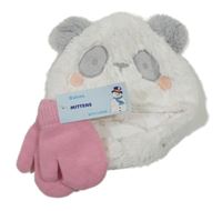 Nové - 2set - Bílo-šedá kožešinová podšitá čepice s pandou + růžové pletené palcové rukavice