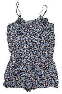 Černo-fialový květovaný lehký kraťasový overal H&M