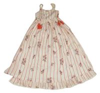 Smetanovo-červené pruhované šaty s květinami a třásněmi Next