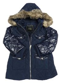 Tmavomodrá prošívaná šusťákovo/nepromokavá pod/zimní bunda s kapucí s kožešinou RIVER ISLAND