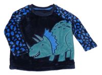 Tmavomodrá chlupatá mikina se vzorovanými rukávy a dinosaurem Nutmeg