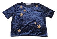 Tmavomodré sametové crop tričko s hvězdami H&M