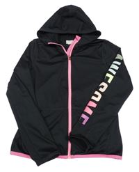 Černo-růžová sportovní propínací mikina s nápisem a kapucí H&M