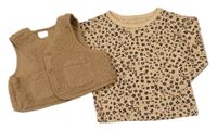 2 set - béžovo-černé leopardí triko + hnědá huňatá podšitá vesta Next