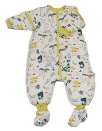 Bílý vzorovaný zateplený spací overal/pytel s dinosaury a listy 