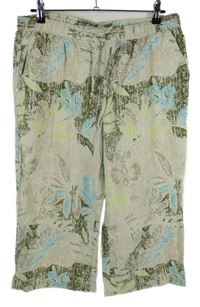 Dámské béžovo-khaki-modré květované culottes plátěné kalhoty 