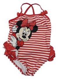 Červeno-bílé pruhované jednodílné plavky s Minnie a volánky Disney