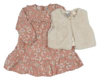 2set - Růžové květované šaty s volánky + béžová kožešinová podšitá vesta Primark