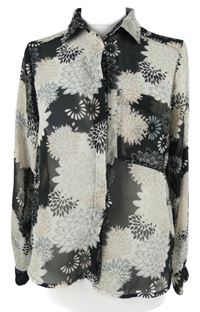 Dámská černo-šedo-růžová květovaná šifonová halenka H&M