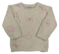 Smetanovo-světlerůžový vzorovaný chlupatý svetr s Minnie a mašlemi PRIMARK