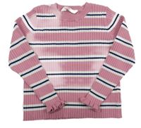 Růžovo-bílo-tmavomodrý pruhovaný žebrovaný svetr H&M
