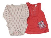 2set - Jahodové plátěné šaty s šálkem se zvířaty + bílé puntíkaté body C&A