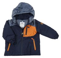 Tmavomodro-modro-oranžová šusťáková zimní bunda s kapucí Topomini
