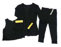 Nové - 3Set - Černý žebrovaný úpletový cardigan + crop top + legíny SHEIN