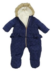 Tmavomodrá šusťáková prošívaná zimní kombinéza se srdíčky a kapucí Mothercare