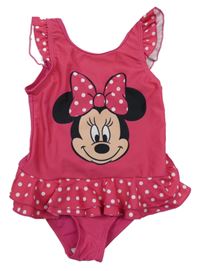 Tmavorůžové jednodílné plavky s Minnie a volánky s puntíky Disney