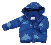Tmavomodrá šusťáková prošívaná zimní bunda s dinosaury a kapucí Primark