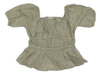 Šedý crop top s květinami a nabíranými rukávy H&M