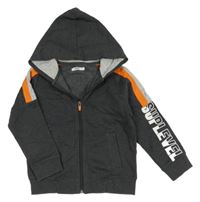 Tmavošedá melírovaná propínací mikina s nápisem na rukávu a kapucí Gémo