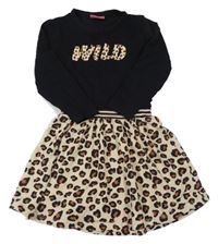 Černo-béžové šaty s leopardí sukní a nápisem 
