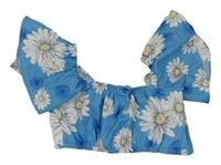 Modro-bílý květovaný crop top s vázáním 
