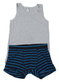 2set - Šedý nátělník + tmavomodré pruhované boxerky 