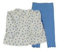 2set - Bílo-modrá květovaná halenka + světlemodré žebrované legíny M&S