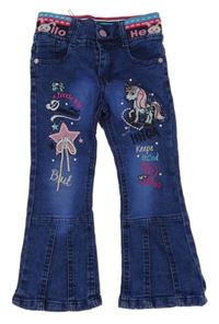 Tmavomodré elastické bootcut rifle s jednorožcem