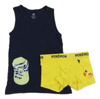 Nové - 3Set - Tmavomodrý nátělník H&M + žluté boxerky s Pikachu + světlezeleno/army neviditelné ponožky 