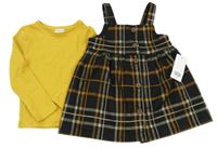 Nové - 2set - Černo-hořčicové kostkované propínací šaty + žebrované triko F&F