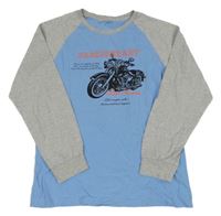 Modro-šedé/melírované pyžamové triko s motorkou a nápisy wolfwear
