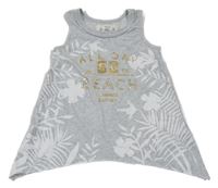 Šedý melírovaný lněný top s listy a nápisem H&M