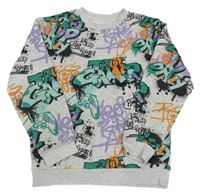 Šedá melírovaná mikina s graffiti nápisy H&M