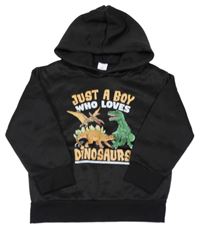 Černá mikina s dinosaury, nápisy a kapucí 