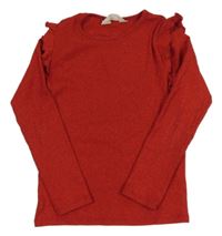Červené třpytivé žebrované triko s volánky H&M