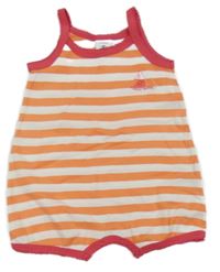 Korálovo-bílý pruhovaný kraťasový overal s růžovým lemem Petit bateau