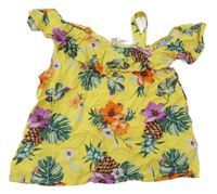 Žlutý halenkový asymetrický crop top s ananasy a lístečky a volánkem H&M