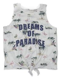Bílý crop top s nápisy a plameňáky a palmami a uzlem H&M