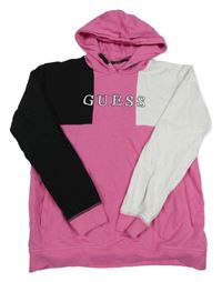 Růžovo-černo-bílá mikina s logem a kapucí GUESS