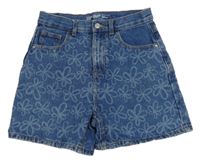 Modré riflové volné kraťasy s květy Denim 
