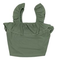 Khaki žebrovaný crop top s volánky Shein