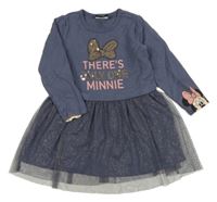 Modrošedé teplákovo/tylové šaty s mašlí z flitrů a Minnie George