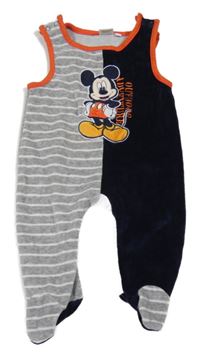 Šedo/melírovano-bílo-tmavomodro/oranžové sametové dupačky s Mickey a pruhy Disney
