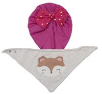 2set - Fuchsiová žebrovaná turbanová čepice s puntíkatou mašlí + béžový slinták s liškou
