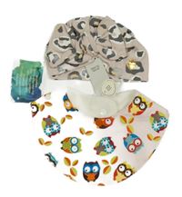 Nové - 2 set - světlerůžový slinták se sovami + pudrová leopardí turbanová čepice 
