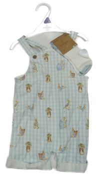 Nové - 2set - bílo-světlemodré kostičkované laclové kraťasy s králíky + ponožky Nutmeg